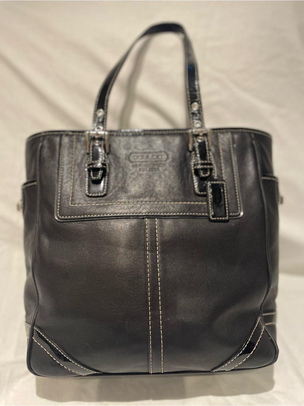 Coach Black Leather Tote with White Contrast Stitching